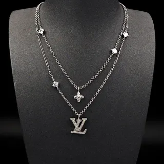 Louis Vuitton LV মনোগ্রাম & ফুলের আকর্ষণ ডাবল লেয়ার নেকলেস রূপালি ক্রিস্টাল-পেভড নেকলেস