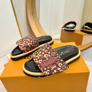 Louis Vuitton LV Slide 棕米色印花字母带填充标志补丁拖鞋