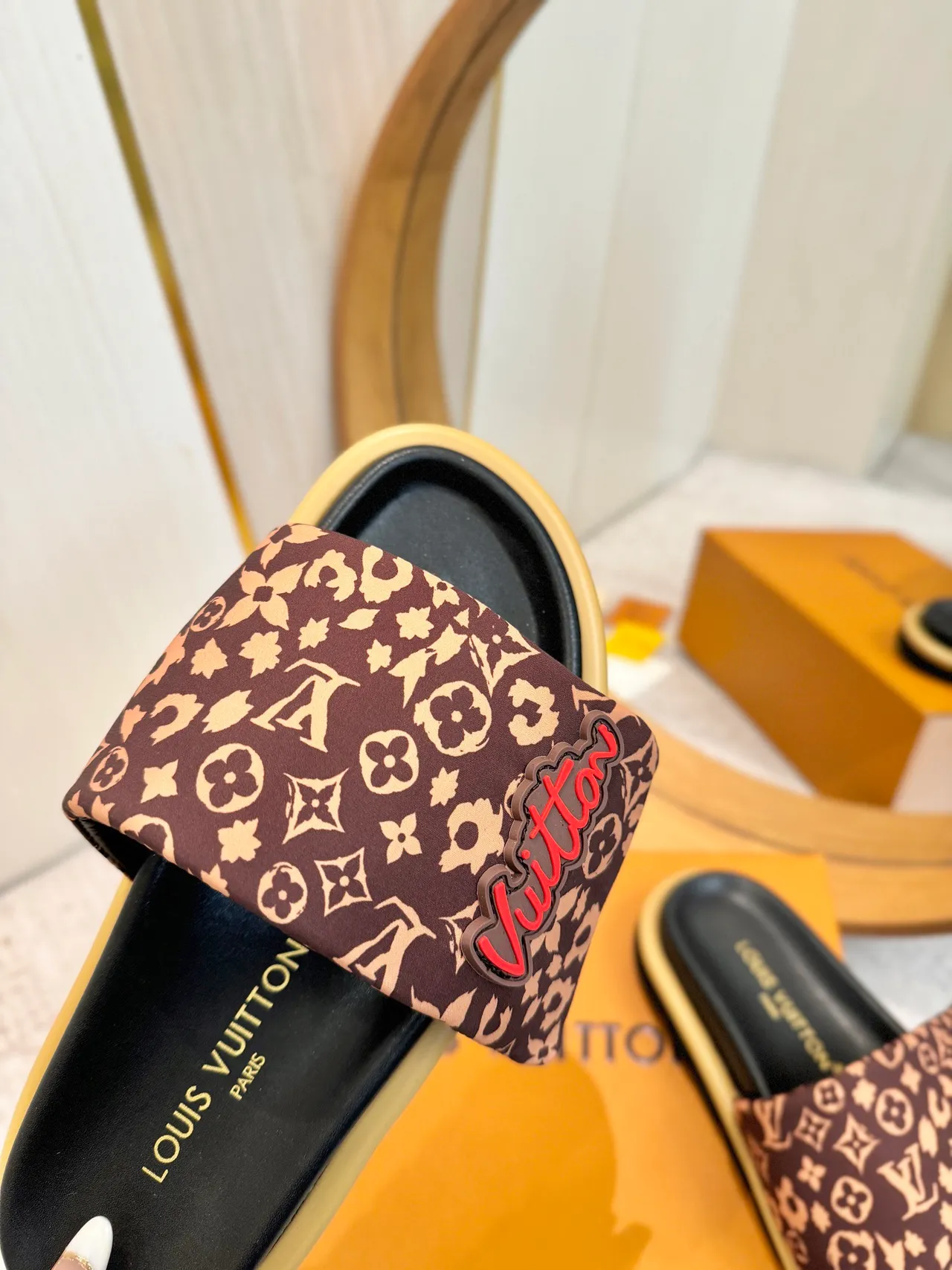 Louis Vuitton LV Slide Brown Beige Monogram-Print Strap Padded Logo Patch Slippers 7