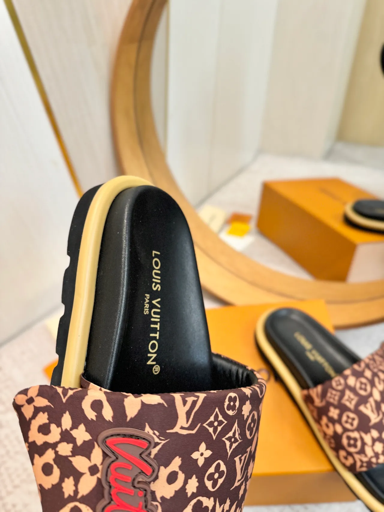 Louis Vuitton LV Slide Brown Beige Monogram-Print Strap Padded Logo Patch Slippers 8
