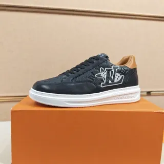 Louis Vuitton LV Trainer Negro Beige Monogram Cuero Punta Perforada Lifestyle Sneakers