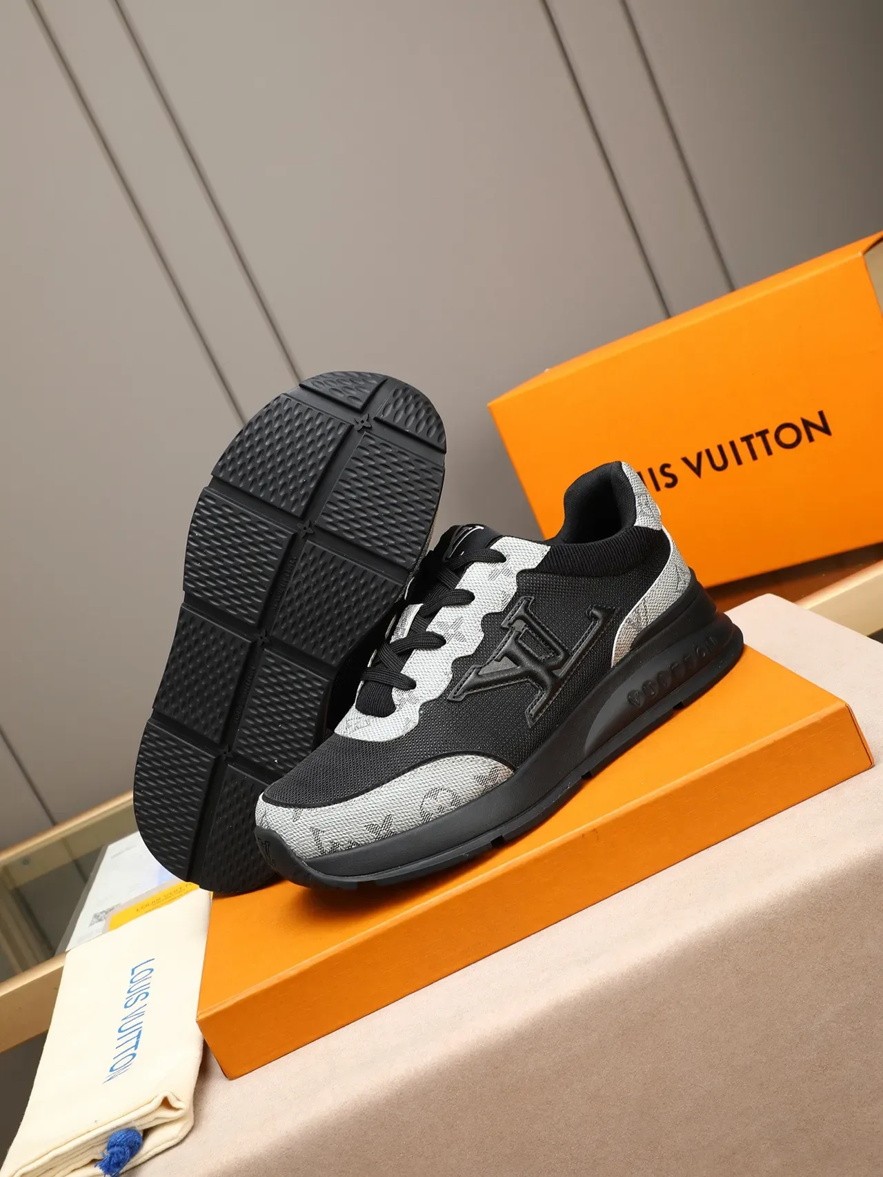 Louis Vuitton LV Trainer Black White Monogrammed Textile Mesh Overlay Chunky Sneakers 4