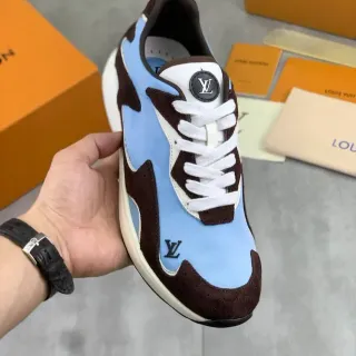 Louis Vuitton LV Trainer Azul Marrom Construção de Painel Assimétrica Têxtil Mista e Camurça Tênis lifestyle sneakers