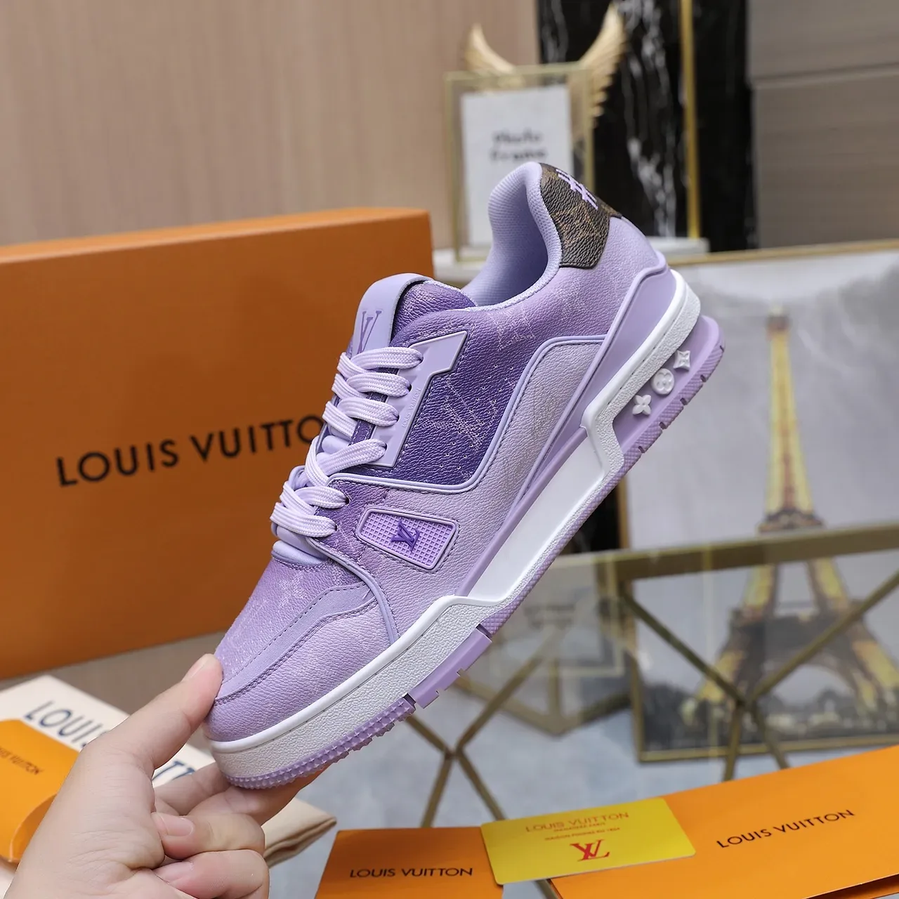 Louis Vuitton LV Trainer Tênis Lifestyle Roxo Marrom Couro Layered Monogram Canvas 3