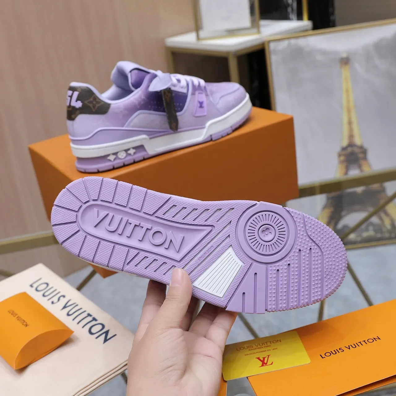 Louis Vuitton LV Trainer Tênis Lifestyle Roxo Marrom Couro Layered Monogram Canvas 4