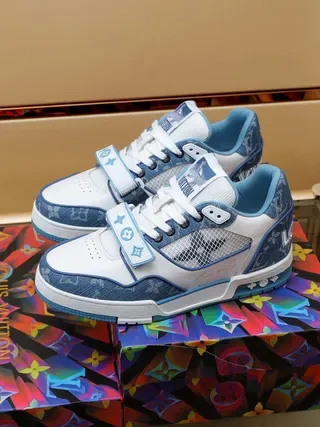 Louis Vuitton LV Trainer White Blue Denim-Print Overlay Mesh Side Panel Lifestyle Sneakers 4