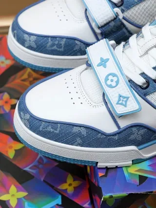 Louis Vuitton LV Trainer White Blue Denim-Print Overlay Mesh Side Panel Lifestyle Sneakers 5