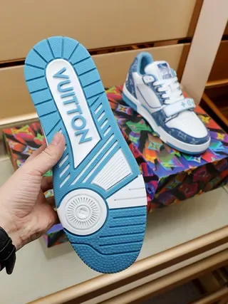 Louis Vuitton LV Trainer White Blue Denim-Print Overlay Mesh Side Panel Lifestyle Sneakers 6