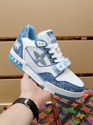 Louis Vuitton LV Trainer White Blue Denim-Print Overlay Mesh Side Panel Lifestyle Sneakers 7
