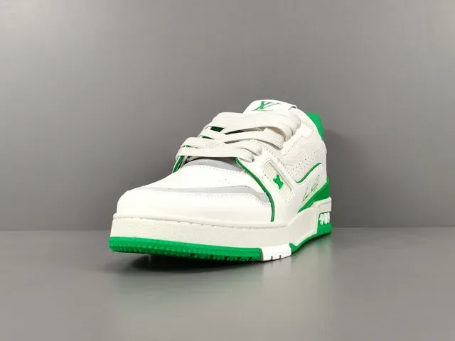 Louis Vuitton LV Trainer Tênis Lifestyle Branco Verde Couro Superior Costuras Contrastantes E Acentos 15
