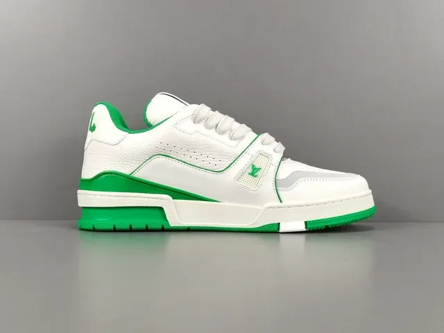 Louis Vuitton LV Trainer Tênis Lifestyle Branco Verde Couro Superior Costuras Contrastantes E Acentos 18