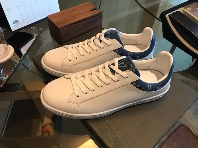 Louis Vuitton LV Trainer White Navy Leather Upper Monogrammed Denim Heel Tab Lifestyle Sneakers 7