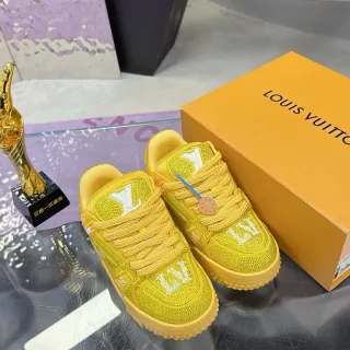 Louis Vuitton LV Trainer Tênis Lifestyle Amarelo Branco Cristal-Embellished Malha Cordão-Trança