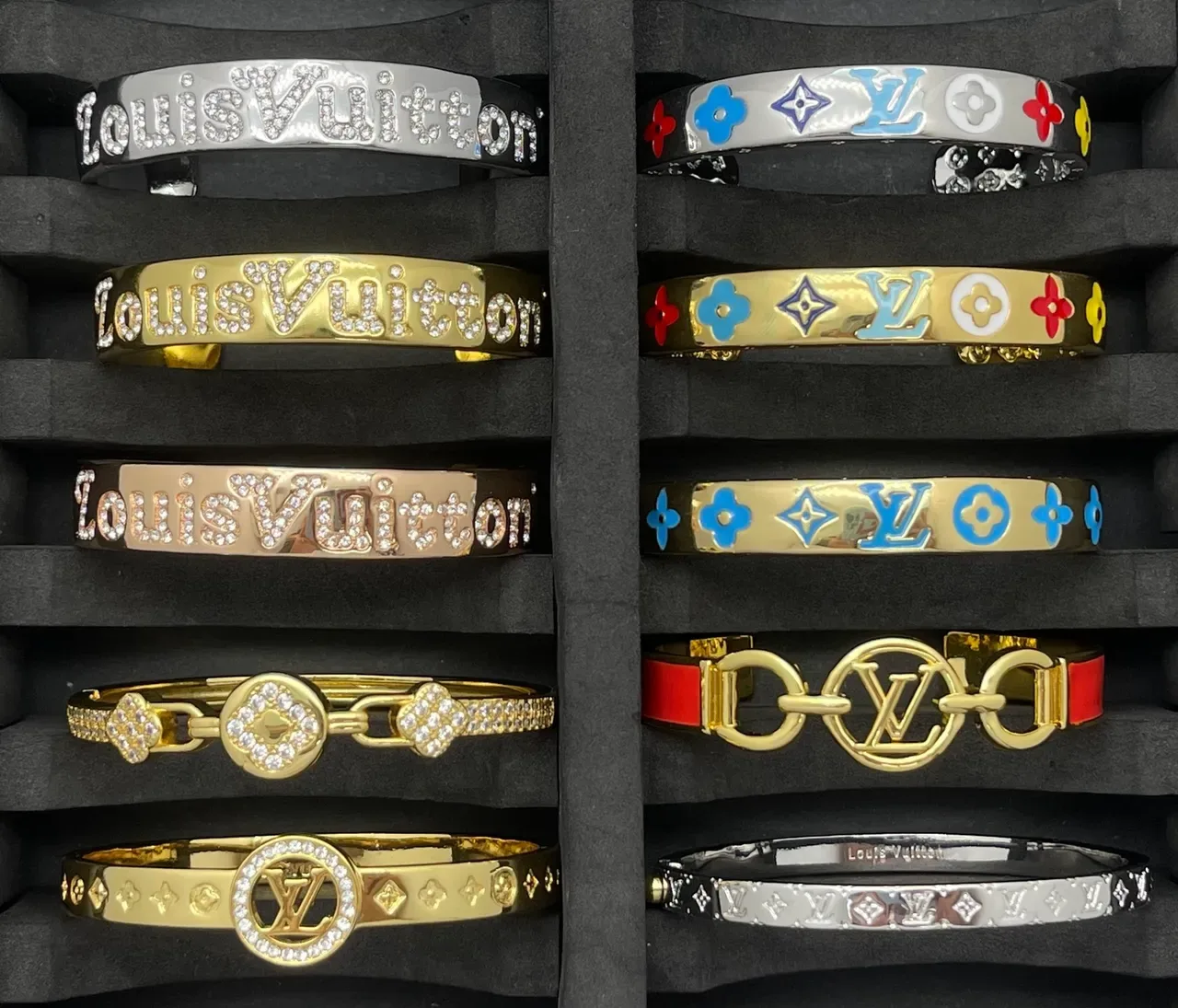 Louis Vuitton Monogram and Floral Bangle Gold Silver Motif Bracelet 6