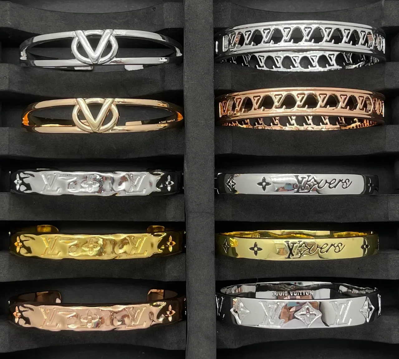 Louis Vuitton Monogram and Floral Bangle Gold Silver Motif Bracelet 7