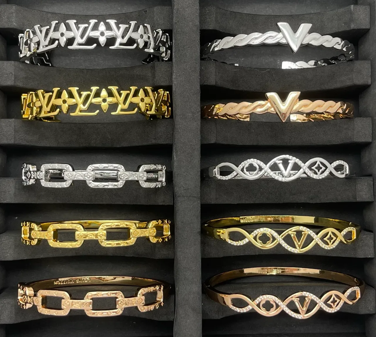 Louis Vuitton Monogram and Floral Bangle Gold Silver Motif Bracelet 8