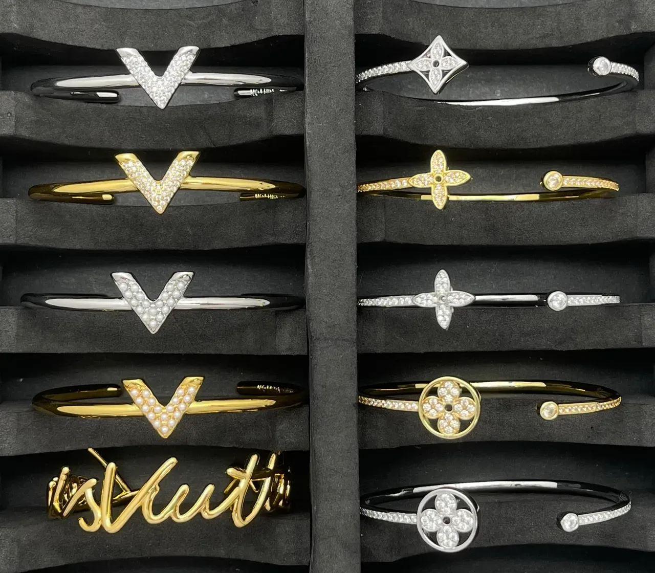 Louis Vuitton Monogram and Floral Bangle Gold Silver Motif Bracelet 9