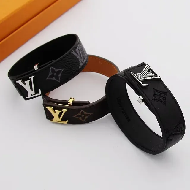 Louis Vuitton Monogram and Leather Wide LV Buckle Bracelets 4