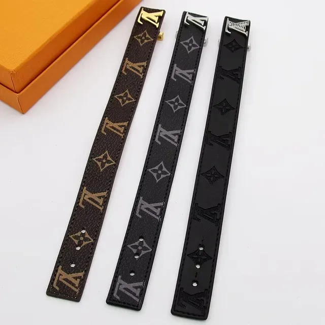 Louis Vuitton Monogram and Leather Wide LV Buckle Bracelets 5