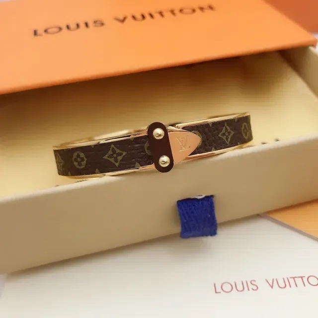Louis Vuitton Monogram Canvas Bangle Brown Gold Rose Metal Bracelet 4