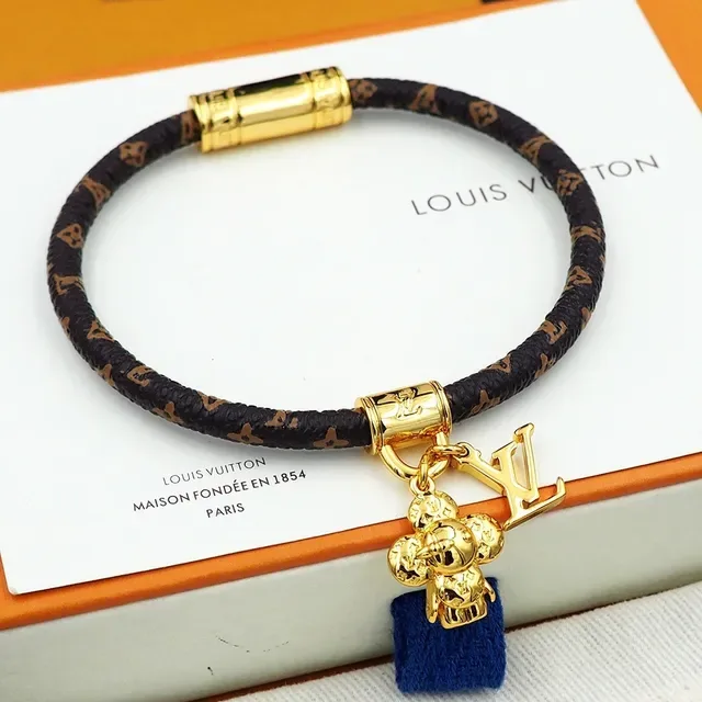 Pulsera Louis Vuitton Monogram Cordón Marrón Oro Trenzada Broche Cilíndrico 2