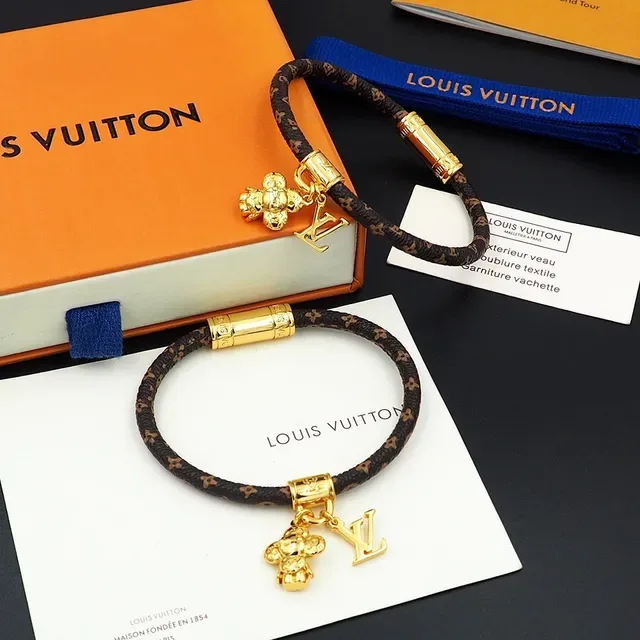 Pulsera Louis Vuitton Monogram Cordón Marrón Oro Trenzada Broche Cilíndrico 3