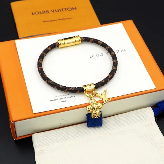 Pulsera Louis Vuitton Monogram Cordón Marrón Oro Trenzada Broche Cilíndrico 4