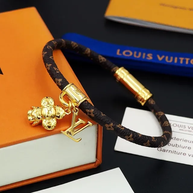 Pulsera Louis Vuitton Monogram Cordón Marrón Oro Trenzada Broche Cilíndrico 5