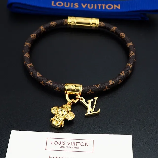 Pulsera Louis Vuitton Monogram Cordón Marrón Oro Trenzada Broche Cilíndrico 6