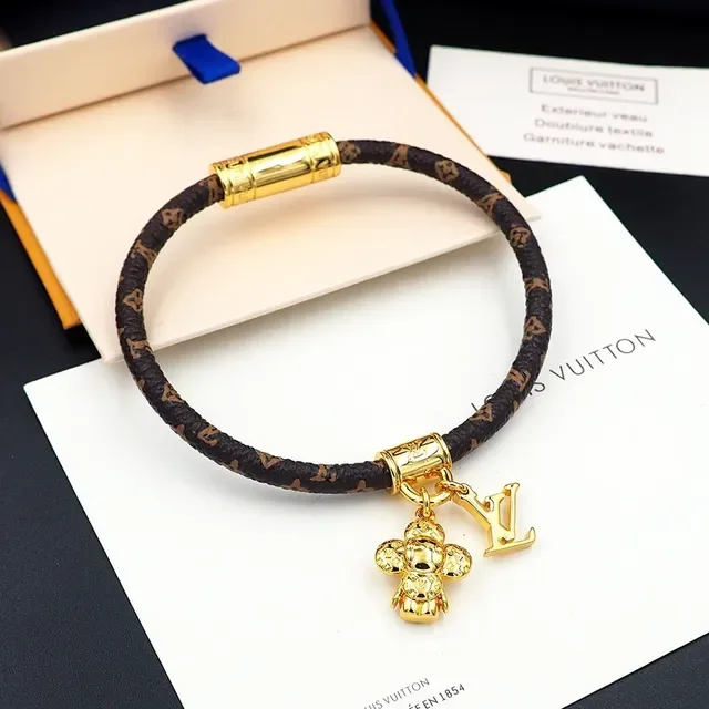 Pulsera Louis Vuitton Monogram Cordón Marrón Oro Trenzada Broche Cilíndrico 7