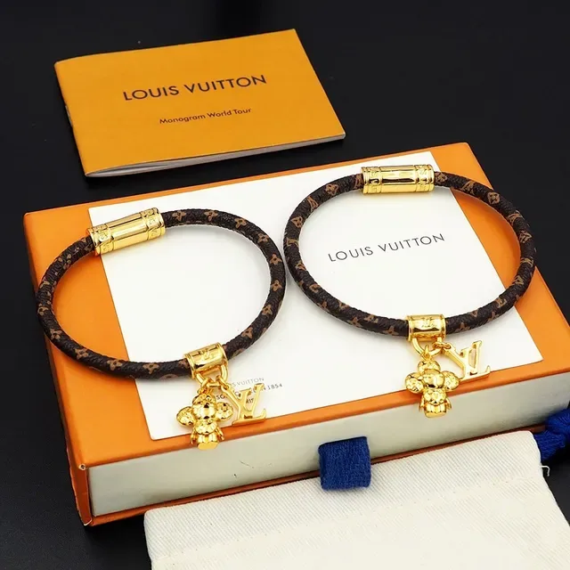 Pulsera Louis Vuitton Monogram Cordón Marrón Oro Trenzada Broche Cilíndrico 8