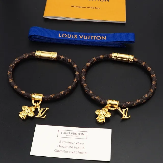 Pulsera Louis Vuitton Monogram Cordón Marrón Oro Trenzada Broche Cilíndrico 9
