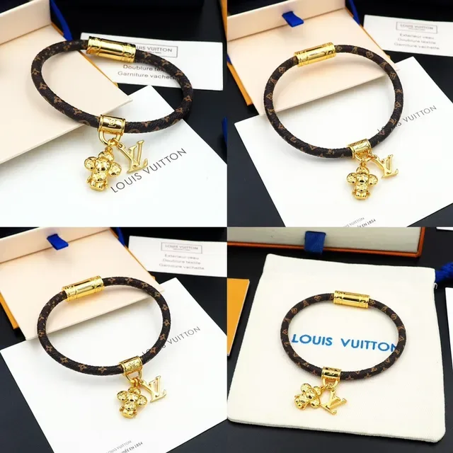 Pulsera Louis Vuitton Monogram Cordón Marrón Oro Trenzada Broche Cilíndrico 11