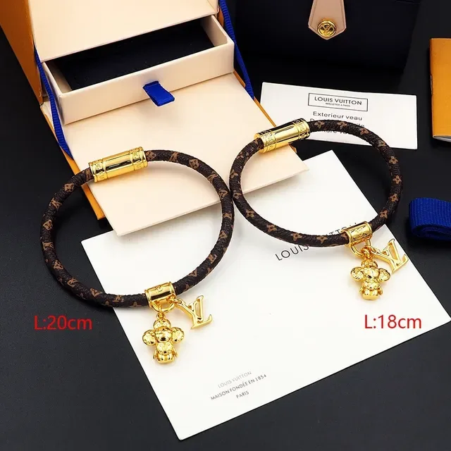 Pulsera Louis Vuitton Monogram Cordón Marrón Oro Trenzada Broche Cilíndrico 12