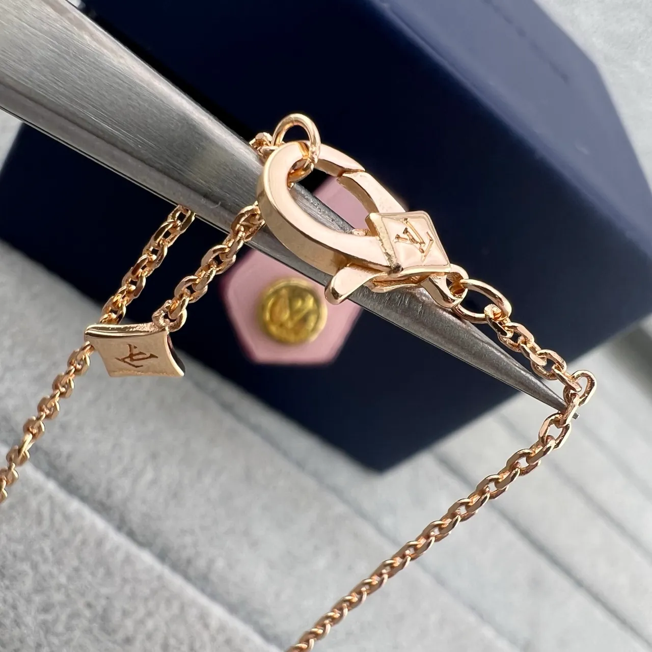 Louis Vuitton Monogram Flower Gold Green Chain Square Pendant Necklace 2