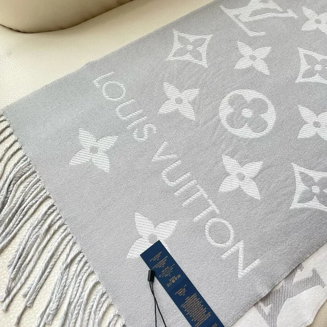 Louis Vuitton Monogram ग्रे सफेद फ्रिंज Cashmere स्कार्फ 2