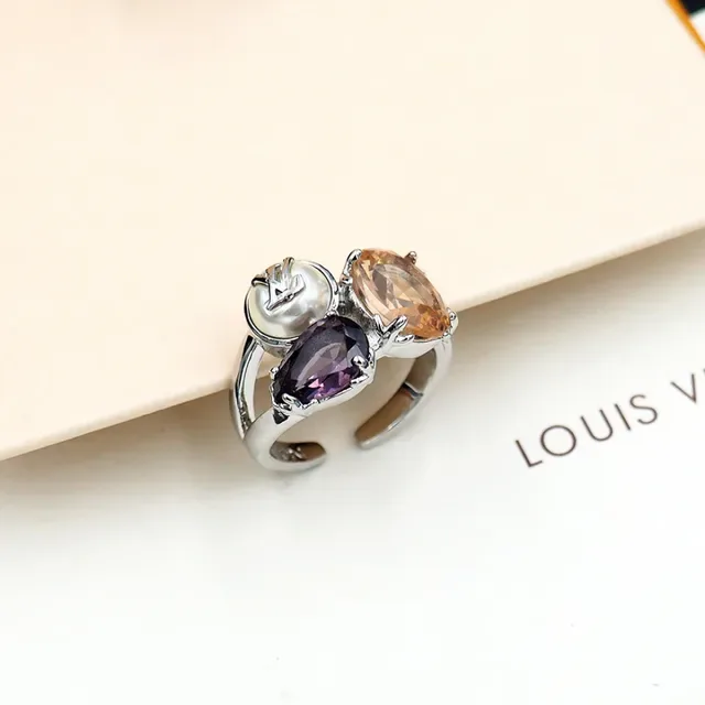 Louis Vuitton Monogram Jewelry Gold Silver Triple-Stone LV Cabochon Ring 7