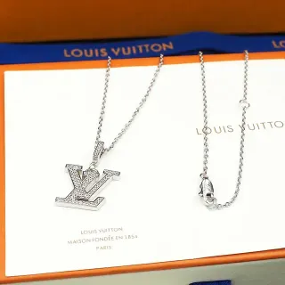Pingente Monogram Louis Vuitton Corrente Curb-Link Fina Prata Branca Pavé-Set