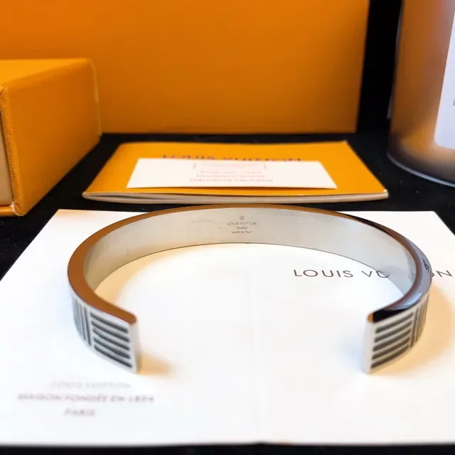 Louis Vuitton Monogram Stripe Engraved Silver-Tone Cuff Bracelet 2