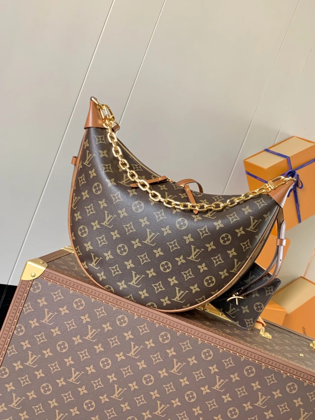 Louis Vuitton Lua Crescente Silhueta Monograma Marrom Bege Bolsa de Corrente 8