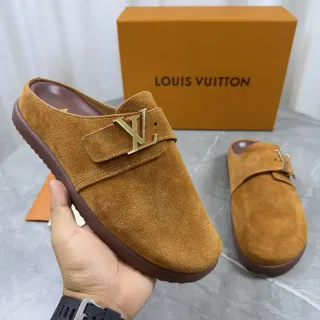Louis Vuitton Mule Slipper Brown Gold Suede Upper LV Buckle Casual Shoes