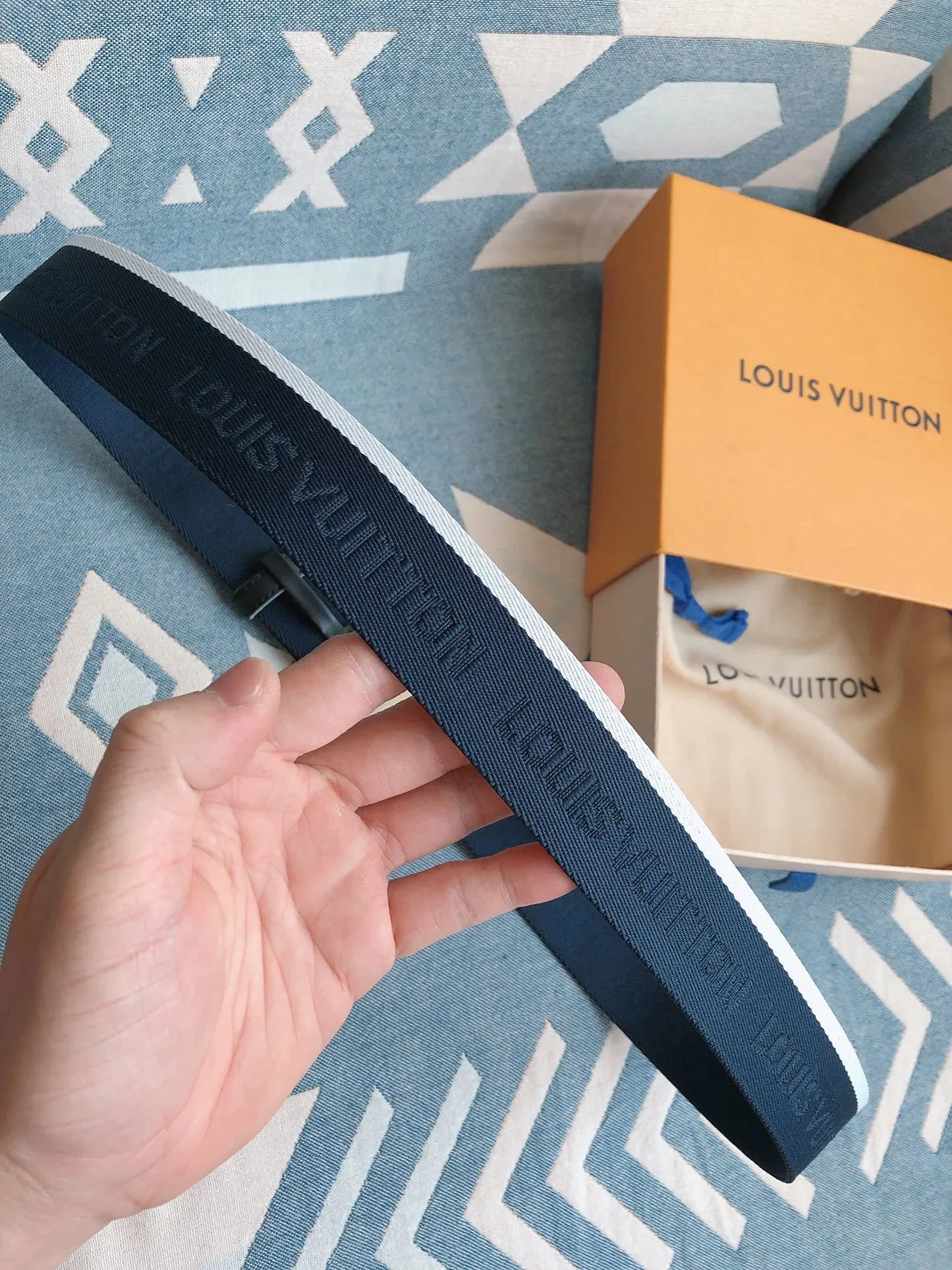 Ceinture Louis Vuitton Bleu Marine Sangle en Nylon Tressée Boucle en Métal Brossé Ceinture en Toile 7
