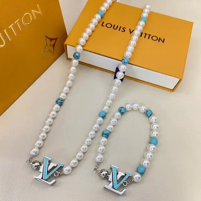 Louis Vuitton Pearl and Turquoise Beaded LV Monogram Bracelet 2