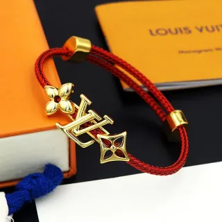 Louis Vuitton लाल बुनकर डोरी सुनहरी टोन मोनोग्राम फूल चार्म ब्रेसलेट