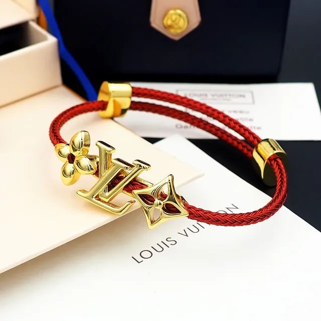Louis Vuitton Red Braided Cord Gold-Tone Monogram Flower Charm Bracelet 2