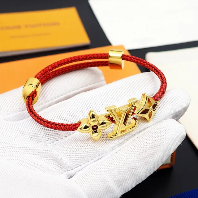 Louis Vuitton Red Braided Cord Gold-Tone Monogram Flower Charm Bracelet 3