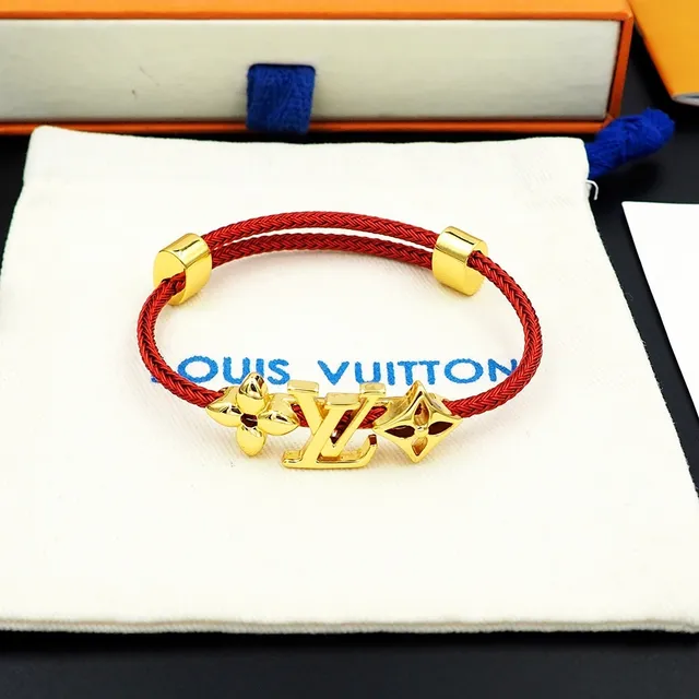 Louis Vuitton Red Braided Cord Gold-Tone Monogram Flower Charm Bracelet 4