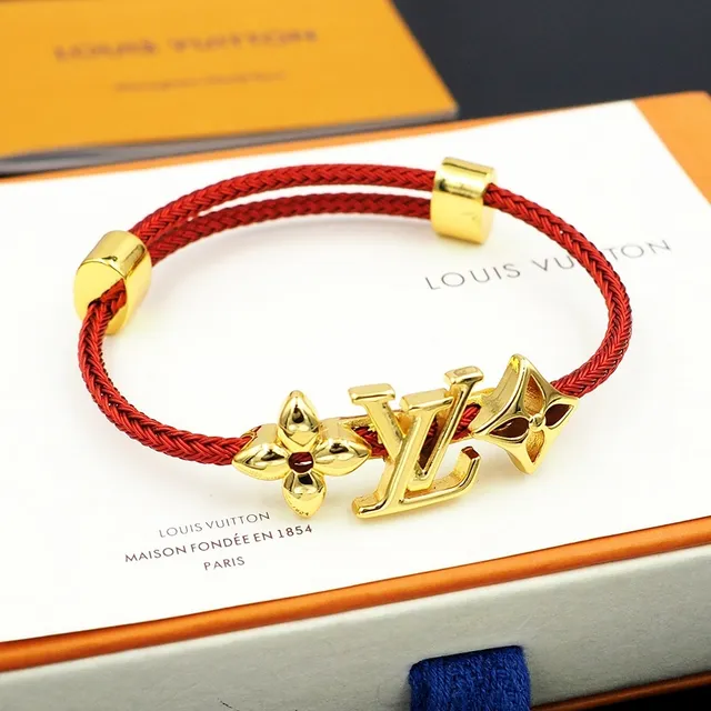 Louis Vuitton Red Braided Cord Gold-Tone Monogram Flower Charm Bracelet 5