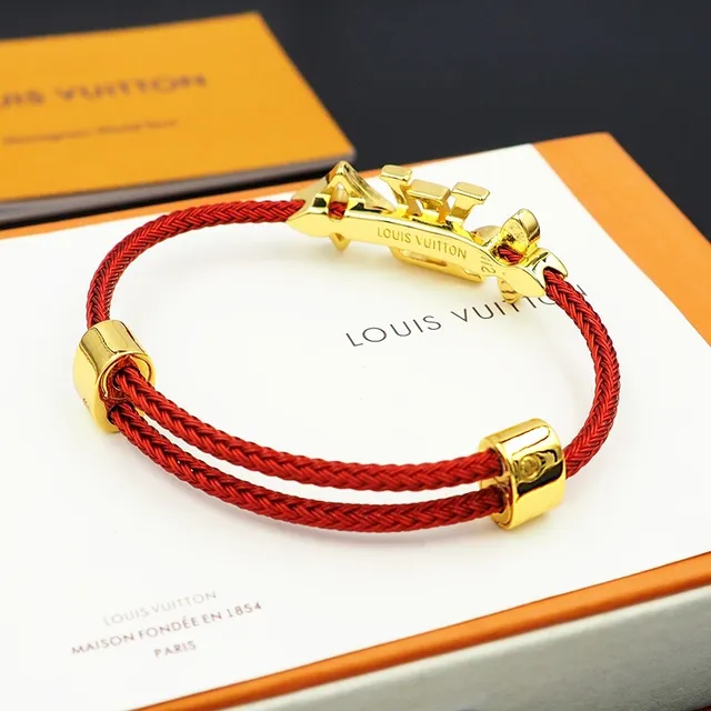 Louis Vuitton Red Braided Cord Gold-Tone Monogram Flower Charm Bracelet 7