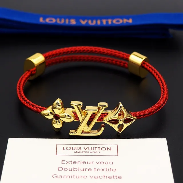 Louis Vuitton Red Braided Cord Gold-Tone Monogram Flower Charm Bracelet 8
